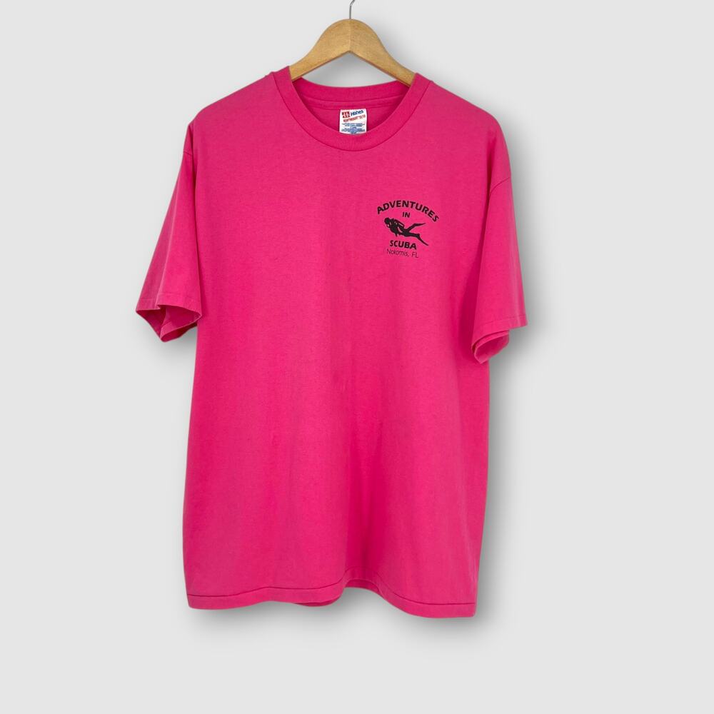 90s Vintage Adventures in Scuba Nokomis FL Single Stitch Pinup Tee Hot Pink XL